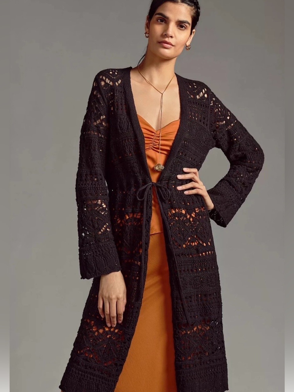 NWOT Anthropologie Pointelle Duster Cardigan Sweater Long Sleeve Top Black Size